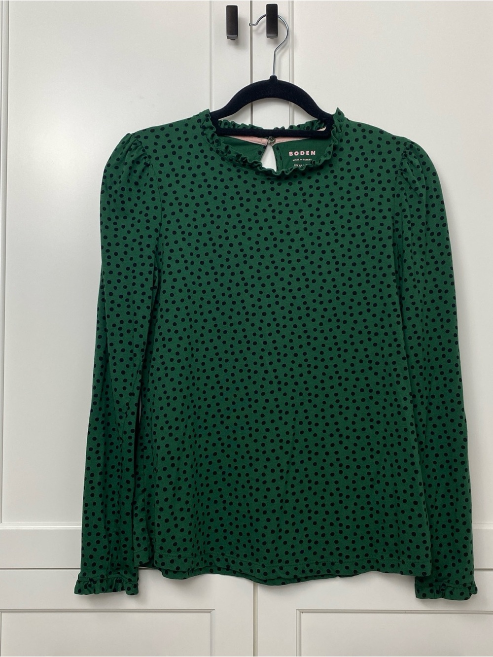 Boden Emerald Green Long-Sleeve Polka Dot Ruffle Top